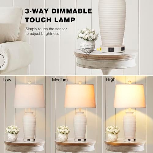 CINSARY 24.3" Farmhouse Jar Table Lamps Set of 2, 3 Way Touch Control Rustic Bedside Lamps with USB A+C Ports & AC Outlet, Pot Nightstand Lamps for Bedroom Living Room (LED Bulbs Included) - Image 3