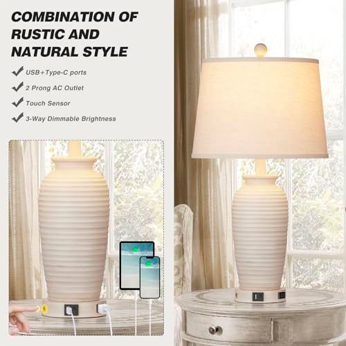 CINSARY 24.3" Farmhouse Jar Table Lamps Set of 2, 3 Way Touch Control Rustic Bedside Lamps with USB A+C Ports & AC Outlet, Pot Nightstand Lamps for Bedroom Living Room (LED Bulbs Included) - Image 4