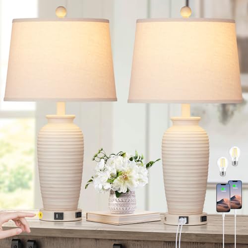 CINSARY 24.3" Farmhouse Jar Table Lamps Set of 2, 3 Way Touch Control Rustic Bedside Lamps with USB A+C Ports & AC Outlet, Pot Nightstand Lamps for Bedroom Living Room (LED Bulbs Included) - Image 1