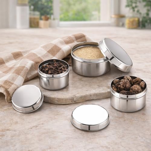 GS KITCHENWARE Stainless Steel Airtight Mini Containers, Set of 3, 50ml/100ml/150ml, Storage Dabbas for Spices, Silver - Image 1