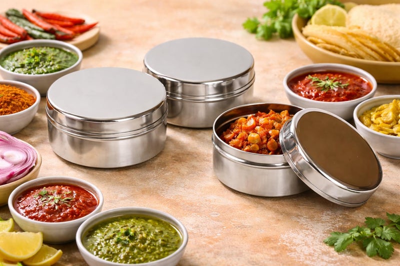 GS KITCHENWARE Stainless Steel Airtight Mini Containers, Set of 3, 50ml/100ml/150ml, Storage Dabbas for Spices, Silver - Image 2