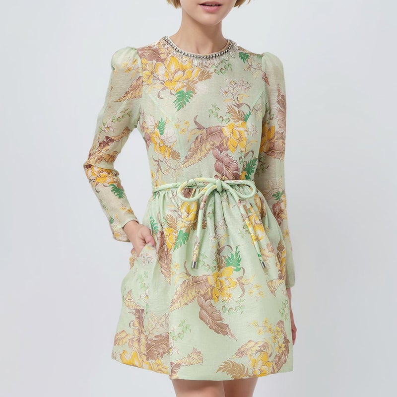 Trendy Printed Organza Short dress Womens Rhinestone Crewneck Elegant Lace-up Waistline and Nine-point Sleeve Loose Skirt Green 