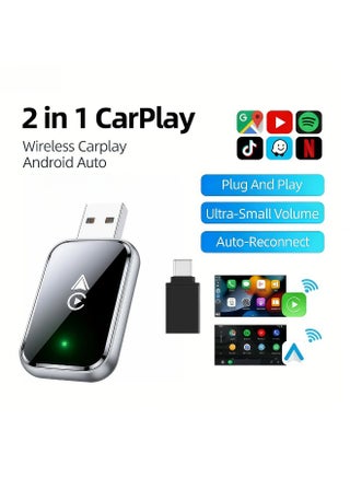 Wireless CarPlay and Android Auto Adapter, 2-in-1 Wired to Wireless CarPlay Converter for Cars, Compact Size with Type-C Adapter, Stable Control, No Lag - Black