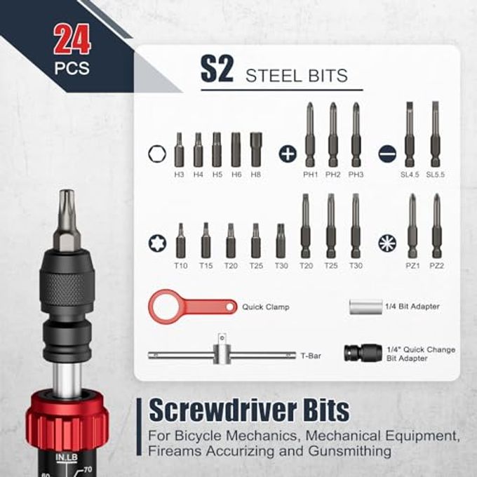 VANPO Torque Screwdriver, 10-70 In.Lb, 24 Piece Inch Pound Torque Screwdriver Set With S2 Bits & T-Bar Handle, 1/4 Drive Torque Wrench Screwdriver Set For Electronics,Bike Repair And Mounting - Image 2