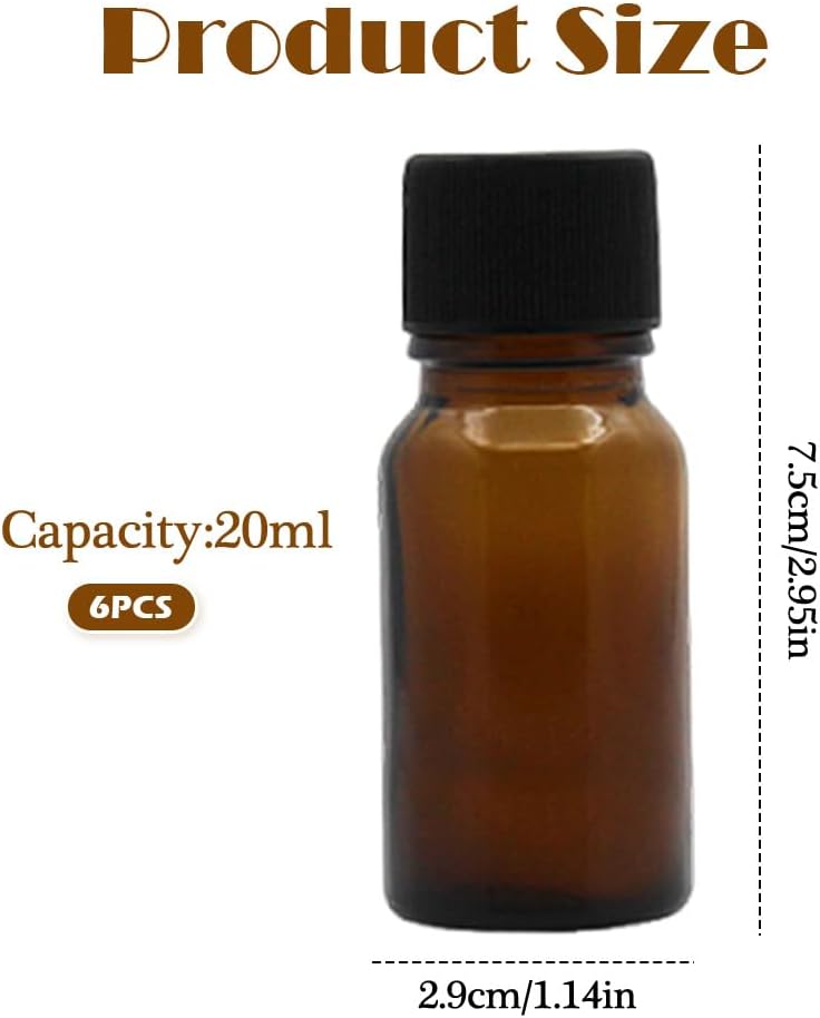 SYBL 6Pcs Amber Glass Essential Oil Bottles with Orifice Reducer and Black Cap Empty Cosmetic Perfume Aromatherapy Storage Container Vial Pots Portable Refillable size 20ml/0.67oz - Image 2