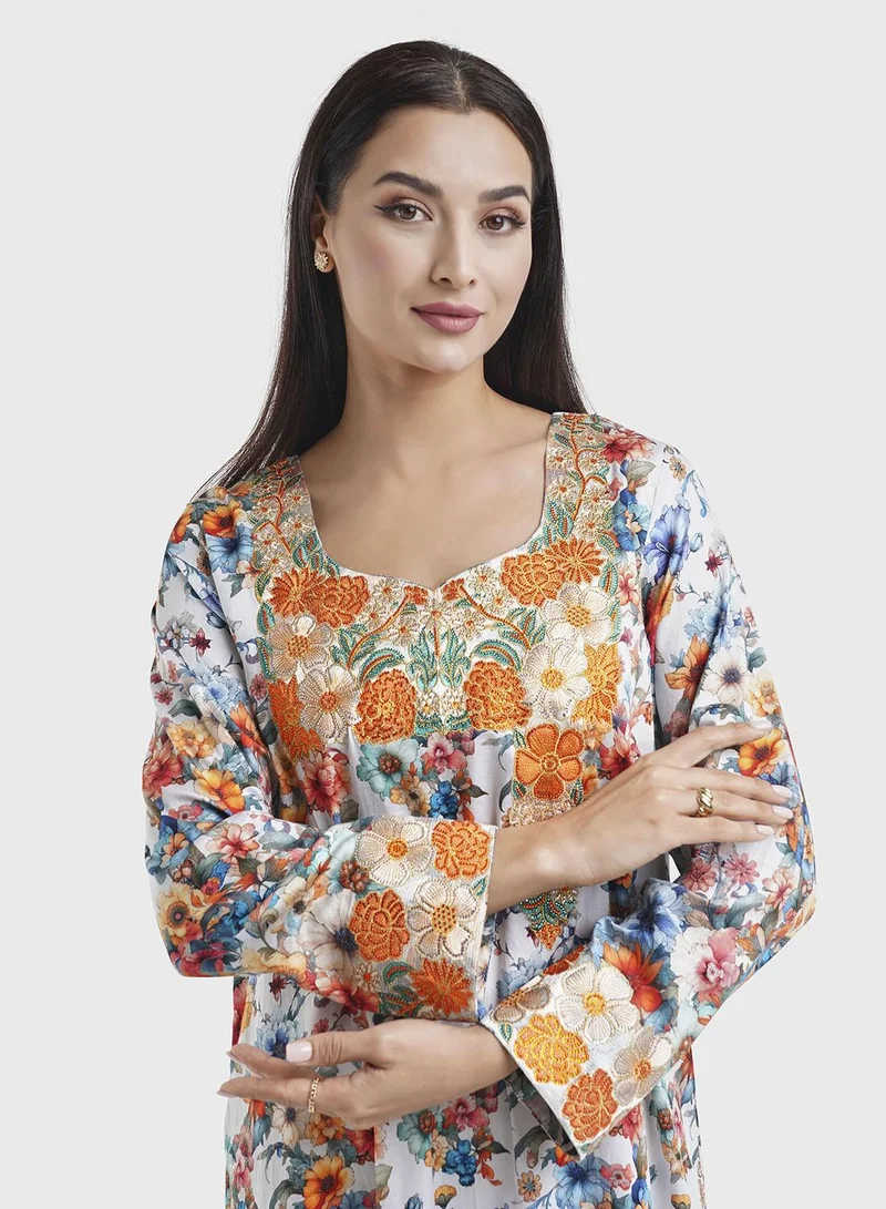KASHKHA Multicolour Cotton Floral Print Mukhawar Jalabiya (VG2887)