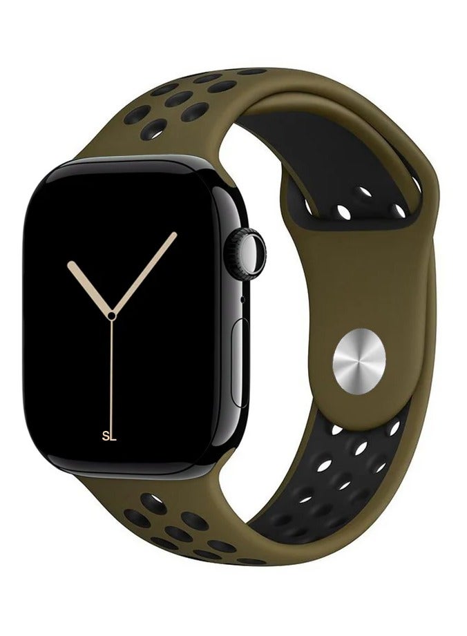 Watch Silicone Sport Watch Band Compatible with Apple Watch 38mm 40mm 41mm, (42mm Series 10 and 11) Series 9 / 8 / 7 / 6 / 5 / 4 / 3 / 2 / 1 & SE | Breathable Ventilated Replacement Strap |  Olive Green and Black - Image 1