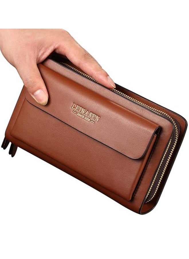 Leinasen - Men's Large Long Leather Clutch Travel Passport Business Phone Case Credit Card Holder Wallet Commuter Clutch Men's Business Clutch Men's Clutch Soft Leather Long Casual Zipper Wallet Clutch Bag - Image 1