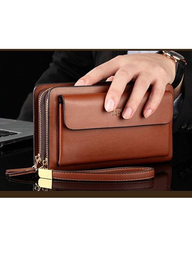 Leinasen - Men's Large Long Leather Clutch Travel Passport Business Phone Case Credit Card Holder Wallet Commuter Clutch Men's Business Clutch Men's Clutch Soft Leather Long Casual Zipper Wallet Clutch Bag - Image 1