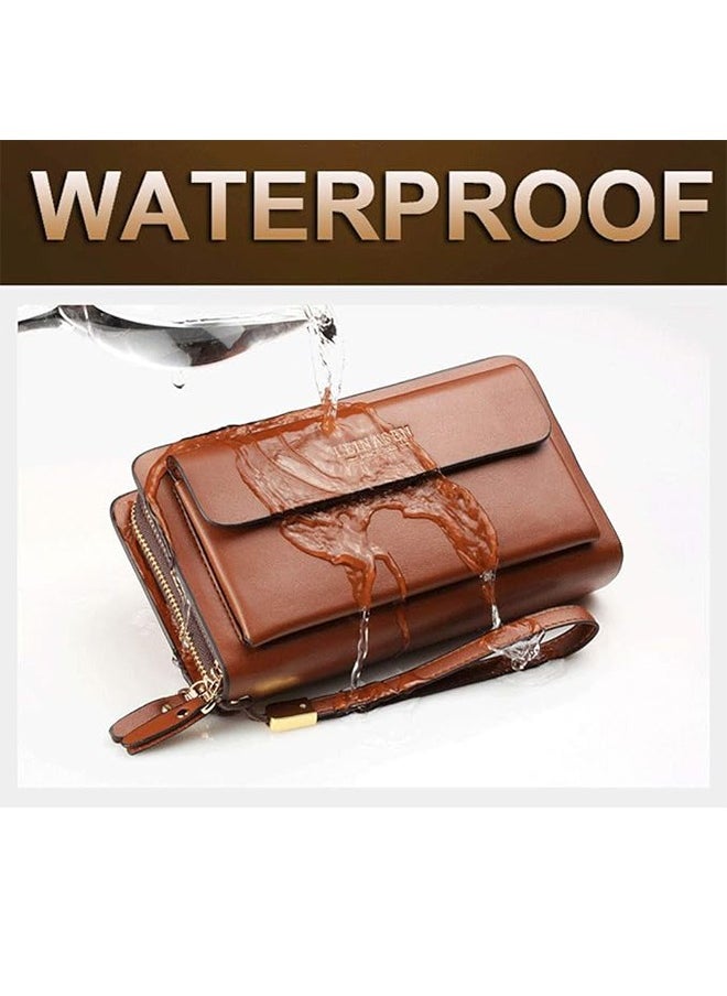Leinasen - Men's Large Long Leather Clutch Travel Passport Business Phone Case Credit Card Holder Wallet Commuter Clutch Men's Business Clutch Men's Clutch Soft Leather Long Casual Zipper Wallet Clutch Bag - Image 1