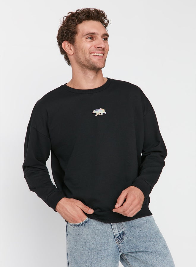 trendyol Black Oversize/Wide Cut Fit Animal Embroidered Fleece/Warm Sweatshirt - Image 3