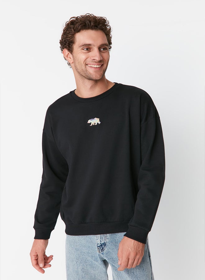 trendyol Black Oversize/Wide Cut Fit Animal Embroidered Fleece/Warm Sweatshirt - Image 1