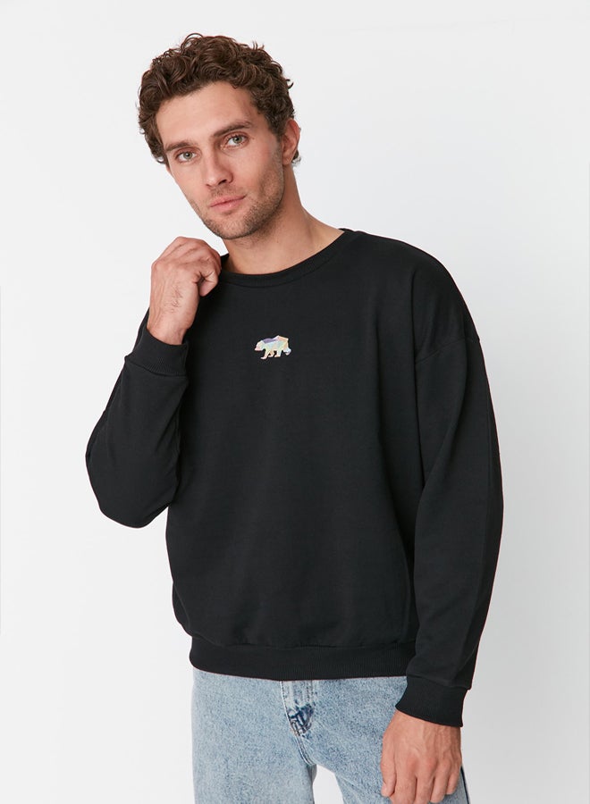 trendyol Black Oversize/Wide Cut Fit Animal Embroidered Fleece/Warm Sweatshirt - Image 2