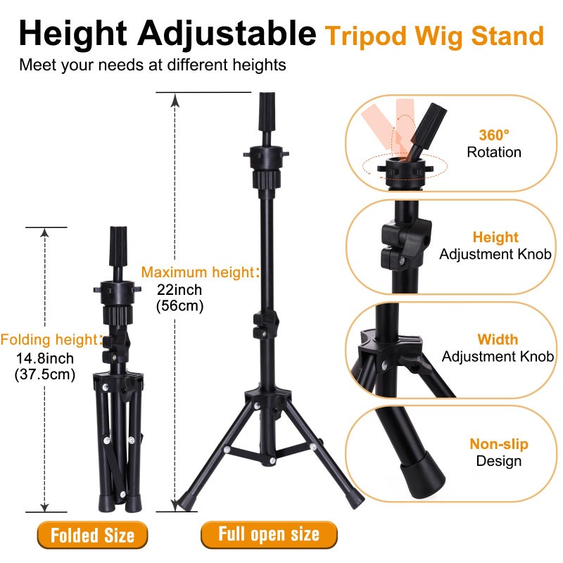 PWEOUKE 22 Inch Canvas Wig Head with Stand for Wigs ,14-22 Inch Height Adjustable Wig Stand Tripod with Canvas Block Wig Head,Manikin Head Block Set for Cosmetology with Wig Stand and Storage Bag - Image 4