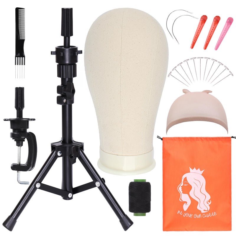 PWEOUKE 22 Inch Canvas Wig Head with Stand for Wigs ,14-22 Inch Height Adjustable Wig Stand Tripod with Canvas Block Wig Head,Manikin Head Block Set for Cosmetology with Wig Stand and Storage Bag - Image 1