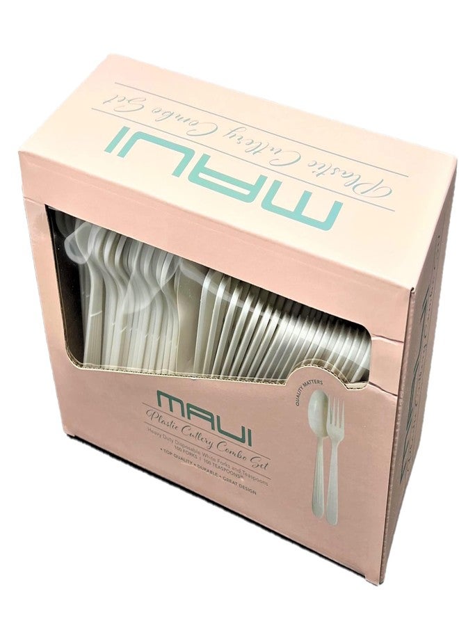 MAUI Heavy Duty Plastic Cutlery Combo Set, 100 Forks, 100 Spoons, Disposable - Image 1