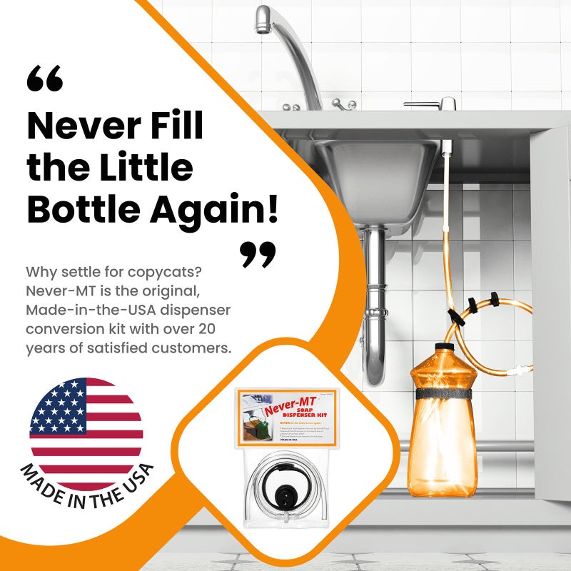 Never-MT Never - MT - The Original Soap Dispenser Conversion Kit - Made in The USA - Kitchen Sink Extension Tube Kit - Never Fill The Little Bottle Again! - Image 2