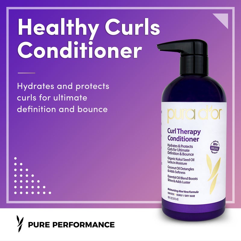 PURA D'OR Curl Therapy Conditioner (16oz) for Curly, Wavy or Frizzy Hair, Improves Shine, Definition & Bounce, Gentle Sulfate Free Formula Infused with Natural & Organic Ingredients for Men & Women - Image 2