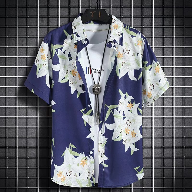 Summer Thin Floral Short-Sleeved Shirts For Men And Women Hawaiian Seaside Beach Travel Casual Handsome Loose Floral Shirts - Image 1