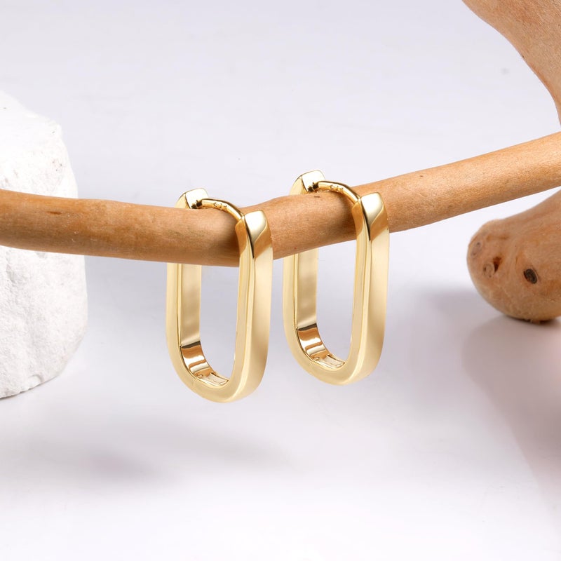 ALEXCRAFT 14K Gold Plated Sterling Silver Earrings Small Hoop Earrings for Women Rectangle Hypoallergenic Small Gold Square Hoops Earring - Image 2