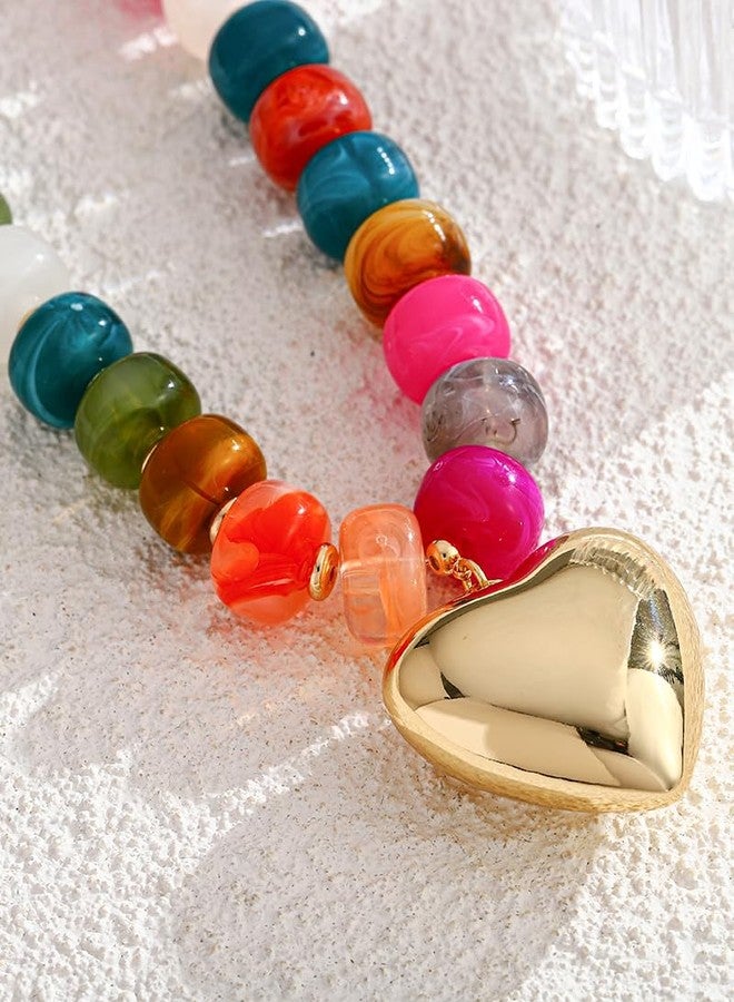 FAUTHENTICUTE Chunky Gold Heart Necklaces For Women With Colorful Beads Boho Beaded Statement Necklace Short Heart Choker Necklace Gift - Image 4