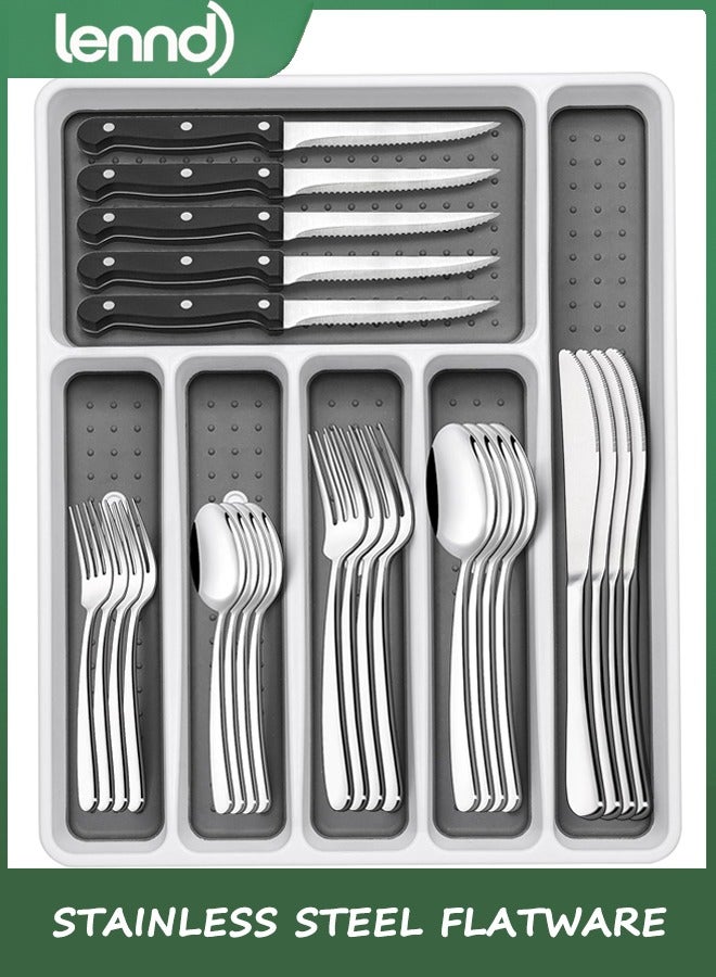 LENND 49-Piece Silverware Set with Organizer, Heavy Duty Stainless Steel Flatware for 8, Cutlery Utensil Sets with Steak Knives, Rust-proof, Mirror Polished, Dishwasher Safe - Image 1