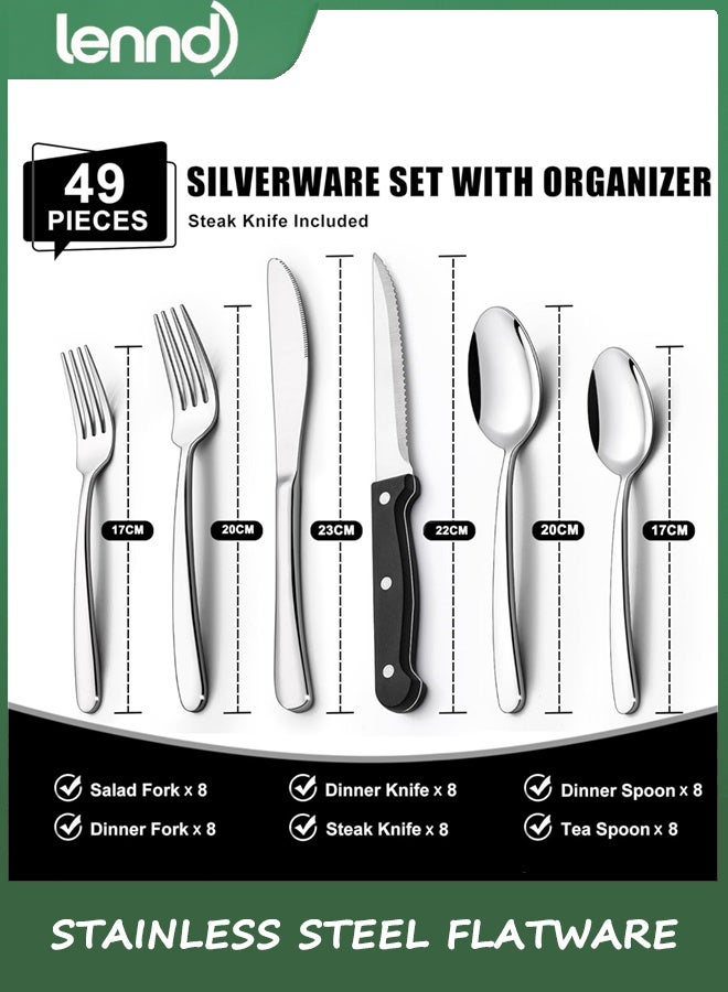 LENND 49-Piece Silverware Set with Organizer, Heavy Duty Stainless Steel Flatware for 8, Cutlery Utensil Sets with Steak Knives, Rust-proof, Mirror Polished, Dishwasher Safe - Image 2