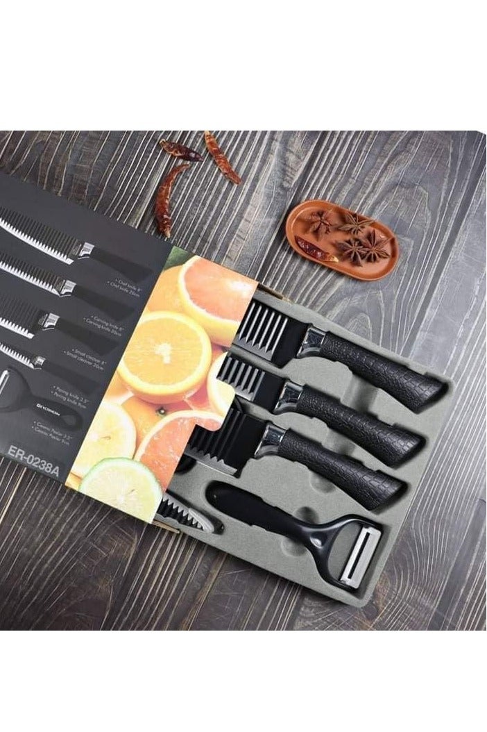 6-Piece Stainless Steel Knife Set with Ergonomic Handle for Kitchen Needs - Black - Image 1