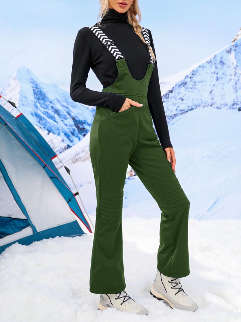 Fisoew Women Snow Bib Overalls Insulated Waterproof Windproof Ski Bibs Pants Breathable Snowsuit Army Green - Image 2