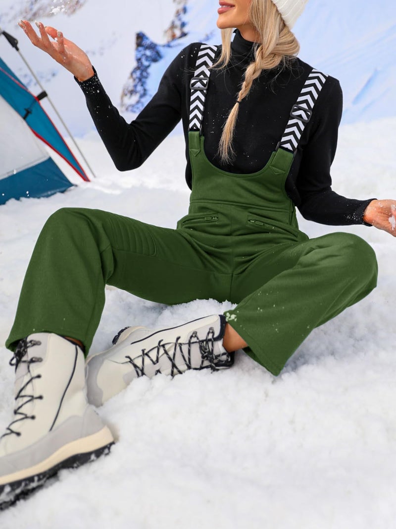 Fisoew Women Snow Bib Overalls Insulated Waterproof Windproof Ski Bibs Pants Breathable Snowsuit Army Green - Image 4
