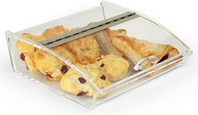 COUNTERTOP FOOD DISPLAY CASE WITH CURVED LID CLEAR ACRYLIC WITH HINGED DOOR AND NONSKID RUBBER FEET