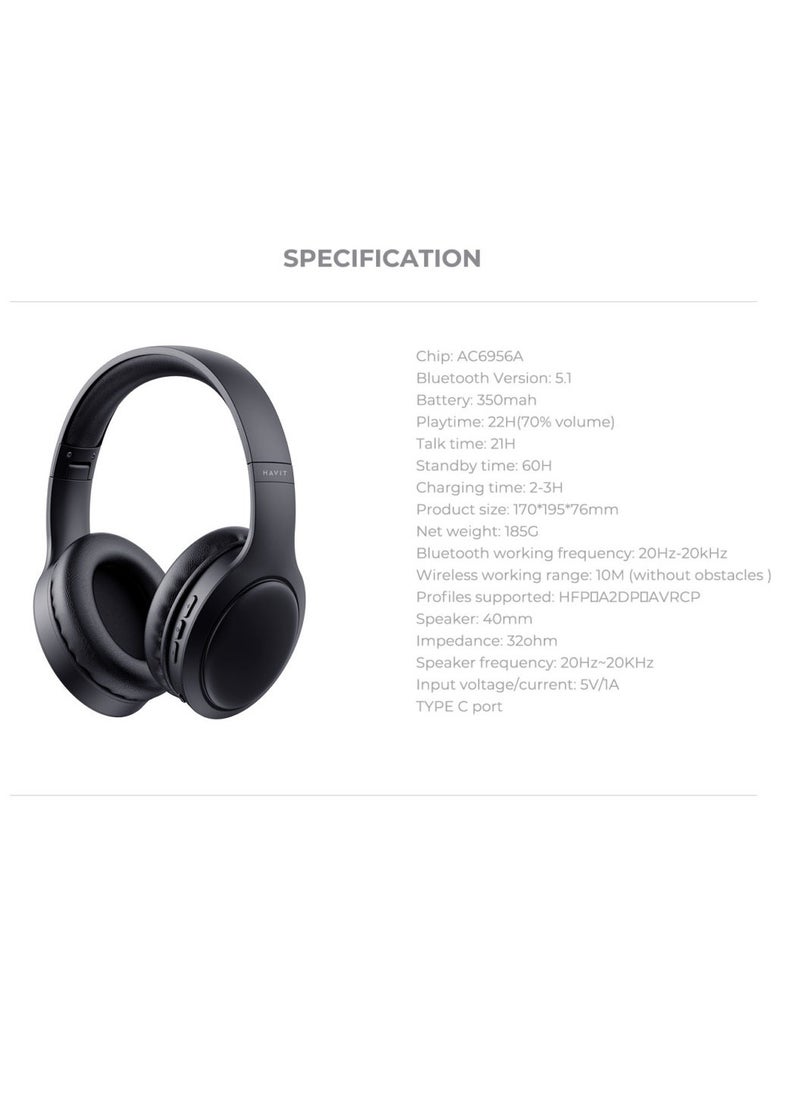 havit - H628BT Wireless Headphones with Closed Ear Design and Noise Cancelling, Foldable Earphones with Lightweight Design and Longer Battery Life - Image 1