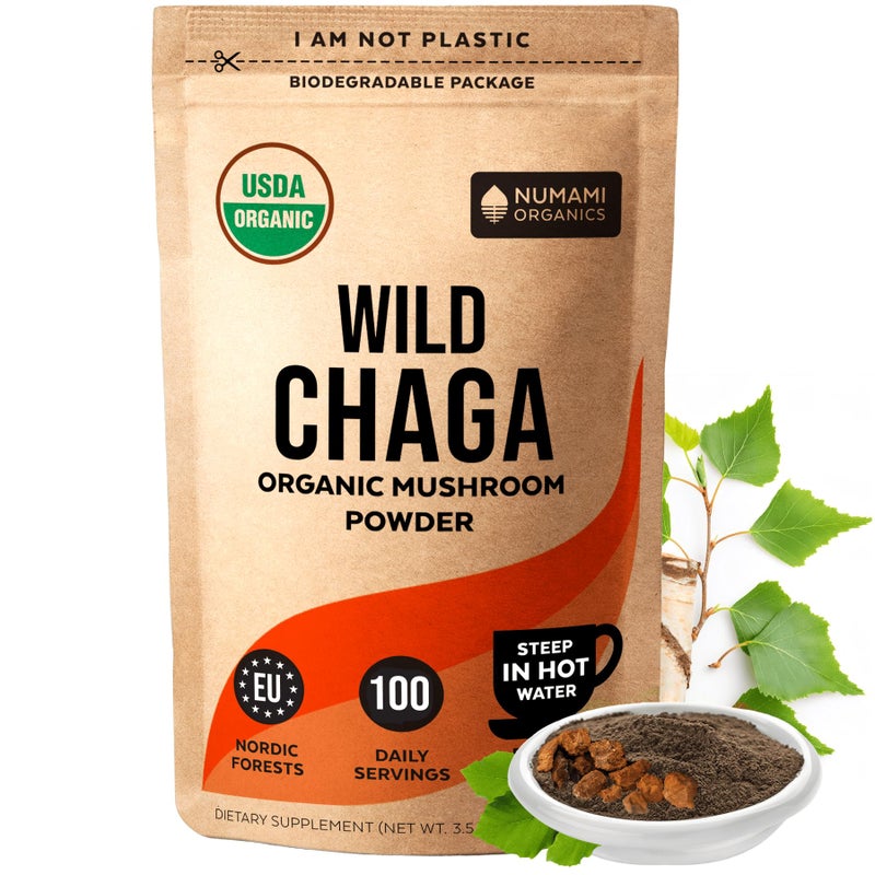 Numami Organic Chaga Mushrooms Powder - Fine Powder to Make Chaga Tea for Immune Defense and More Energy, Organic Chaga is Wild Grown and Sustainably Harvested in Europe, Certified USDA Organic, 100 servings - Image 1