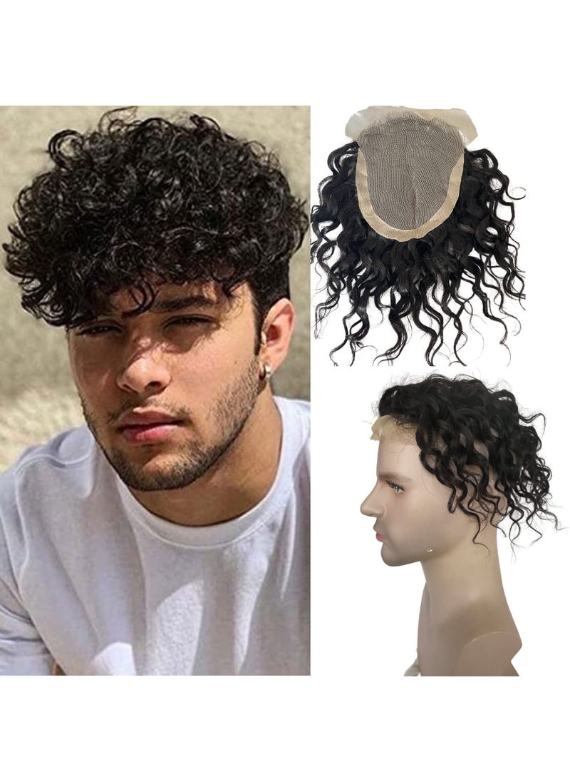 Voloria Mens Toupee 8inch Hairpieces Curly Hair 100 European Virgin Human Hair Replacement System Hair Topper Pieces for Men Swiss Lace Net with PU Base Size 433x669 inch Natural Black Color 