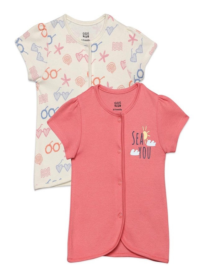 miniklub Cotton Half Sleeves Sea Life Printed Front-Open Vests,Pack of 2,Pink & White(6-9M) - Image 1