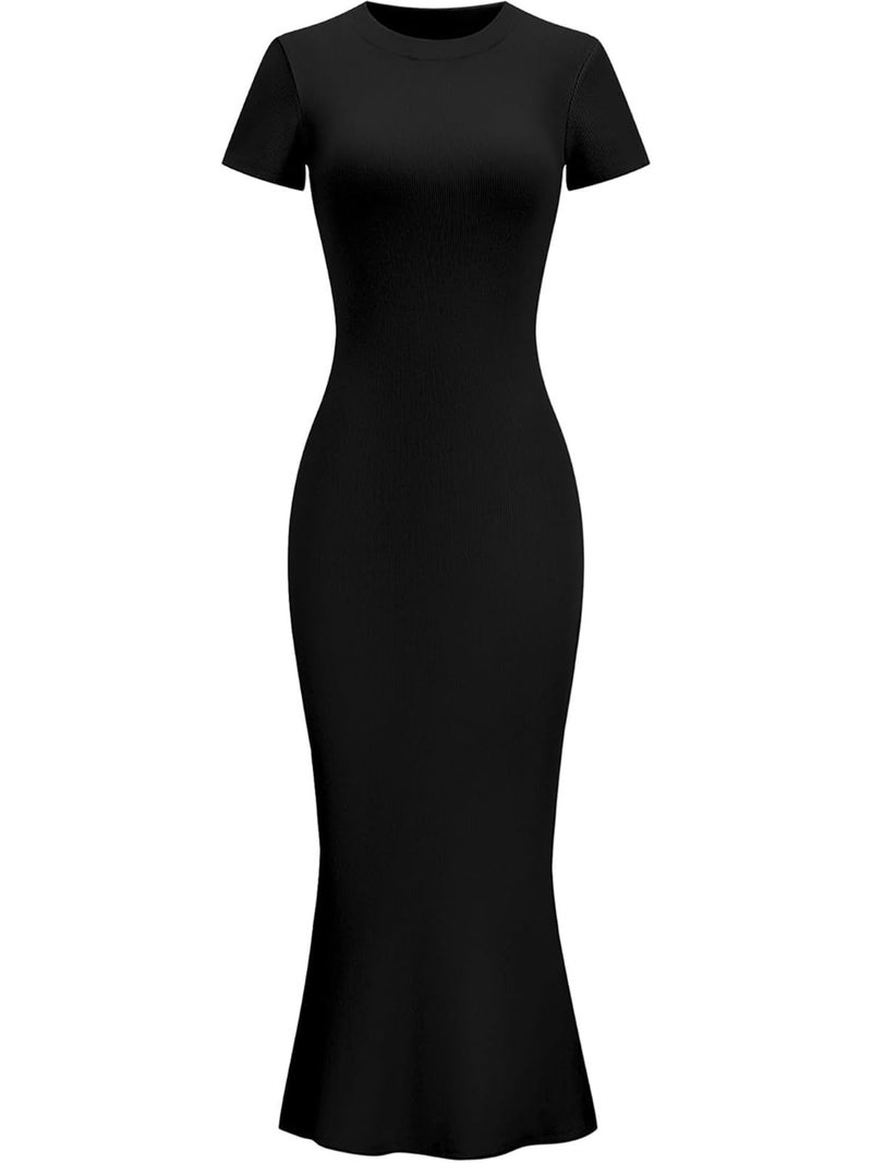 Mokayee Summer Maxi Bodycon Dresses Black Short Sleeve Crew Neck Birthday Long Formal Fishtail Elegant Wedding Guest Cocktail Party Dress XS - Image 4