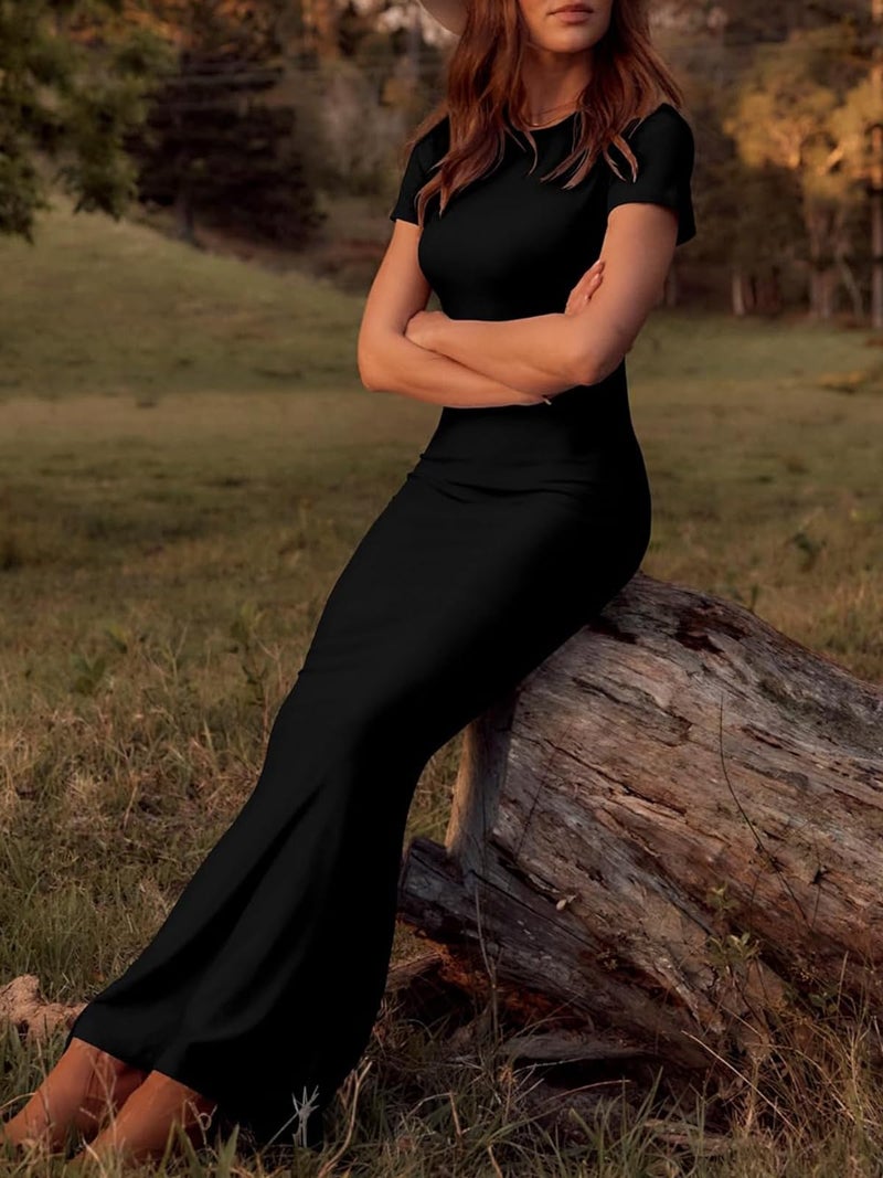 Mokayee Summer Maxi Bodycon Dresses Black Short Sleeve Crew Neck Birthday Long Formal Fishtail Elegant Wedding Guest Cocktail Party Dress XS - Image 2
