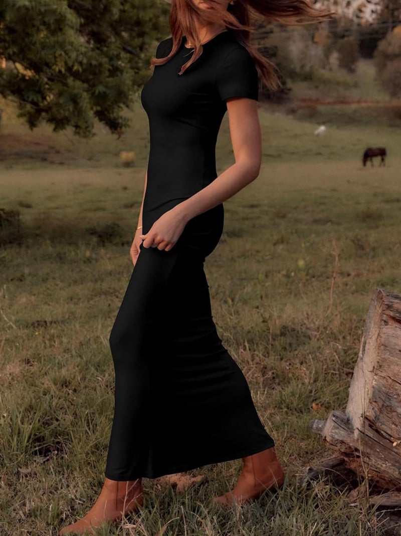 Mokayee Summer Maxi Bodycon Dresses Black Short Sleeve Crew Neck Birthday Long Formal Fishtail Elegant Wedding Guest Cocktail Party Dress XS - Image 3