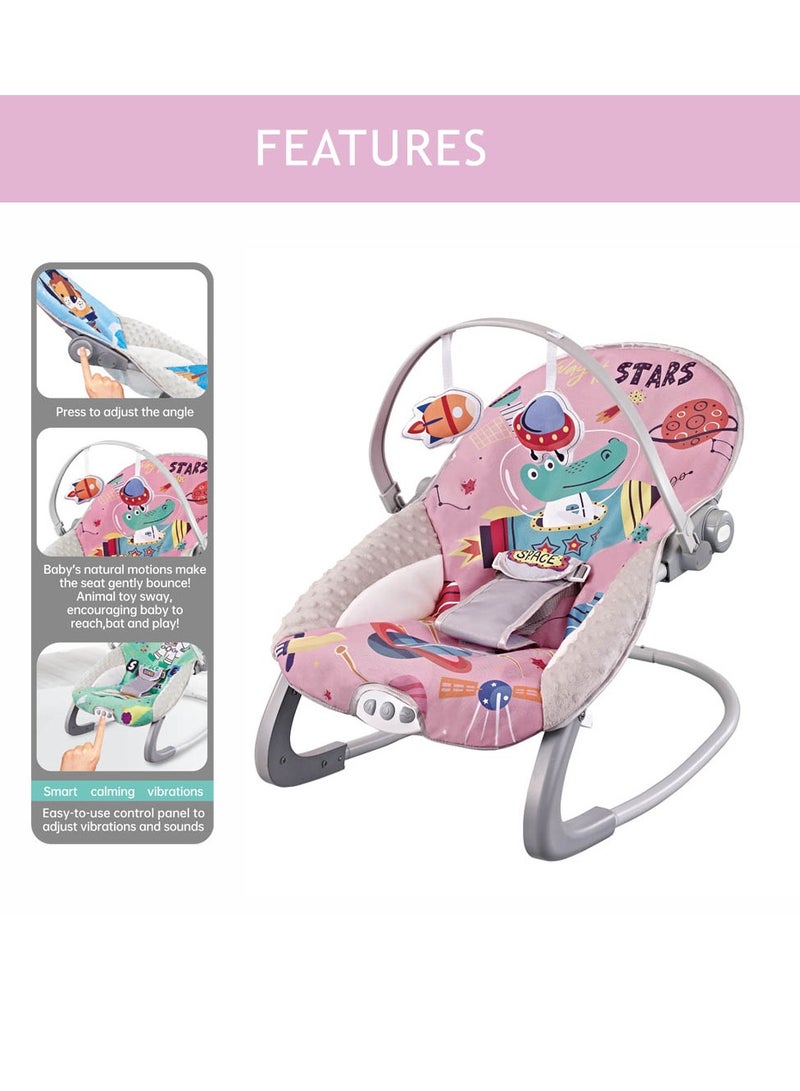 Factory Price Printed Baby Bouncer With Soothing Music,  Calm Vibrations and Removable Toys - Space Pink - Image 2