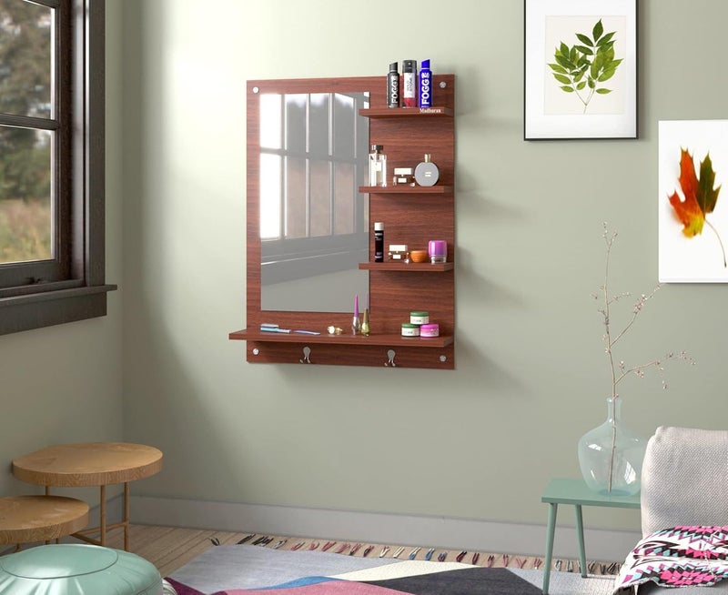 Madhuran Blejaa Engineered Wood Wall Mounted Dressing Table Mirrors with Storage Shelf 60X80 CM CWalnut Stylish Bathroom Furniture Organizer Girls Women Makeup Face Home Items