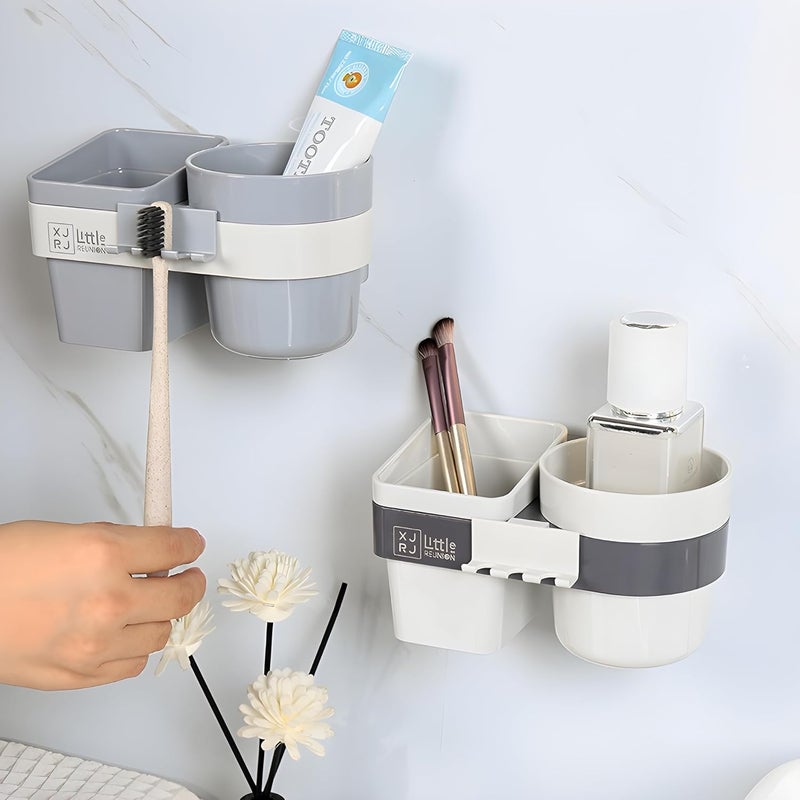 Jinila Bathroom Organizer Multifunctional Wall Mounted Plastic Toothbrush Tooth Paste Tongue Cleaner Holder for Bathroom and Wash Basin Pack of 1 Gray and Cream - Image 3