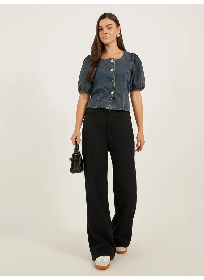 ستايلي Styli Solid Blouse With Puff Sleeve And Button Up Front
