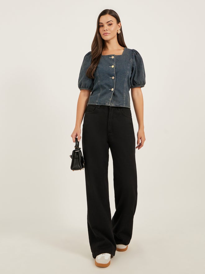 Styli Styli Solid Blouse With Puff Sleeve And Button Up Front - Image 2