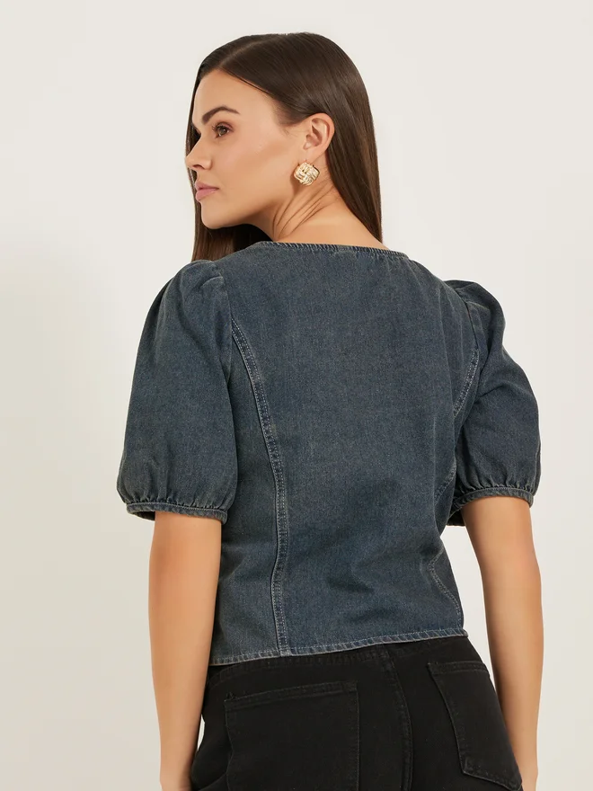 Styli Styli Solid Blouse With Puff Sleeve And Button Up Front