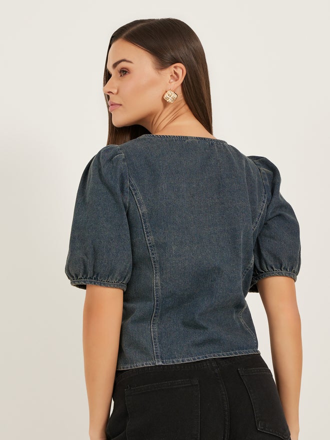 Styli Styli Solid Blouse With Puff Sleeve And Button Up Front - Image 4