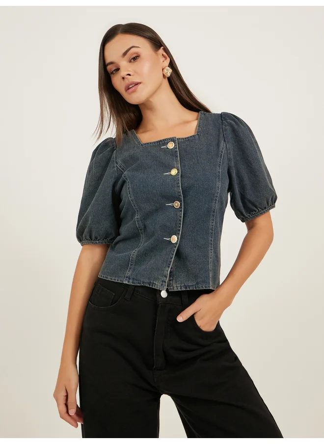 ستايلي Styli Solid Blouse With Puff Sleeve And Button Up Front