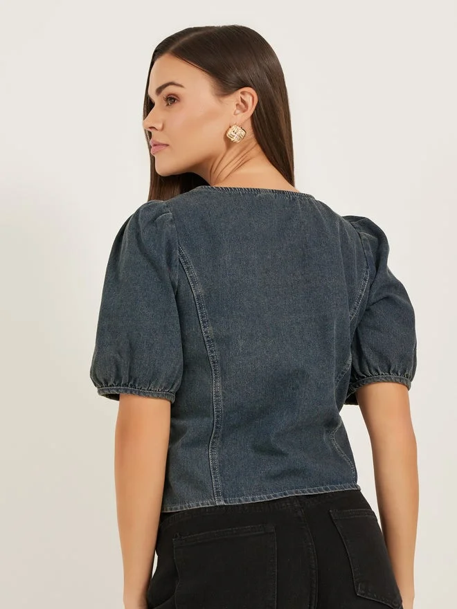 Styli  Styli Solid Blouse With Puff Sleeve And Button Up Front for Women | Best Price UAE