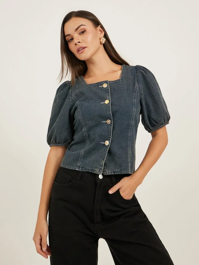 Styli Solid Blouse With Puff Sleeve And Button Up Front