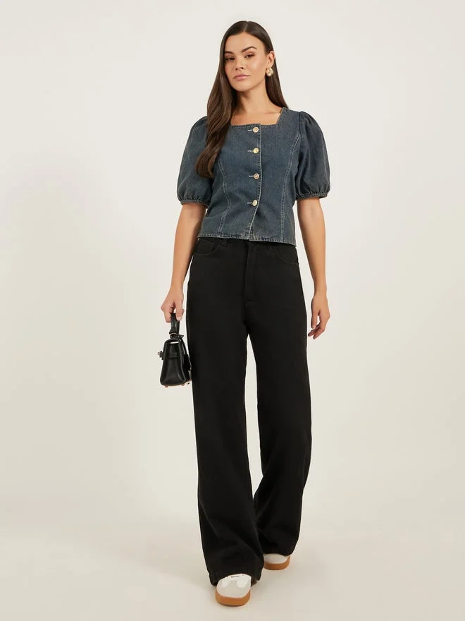 Styli  Styli Solid Blouse With Puff Sleeve And Button Up Front for Women | Best Price UAE