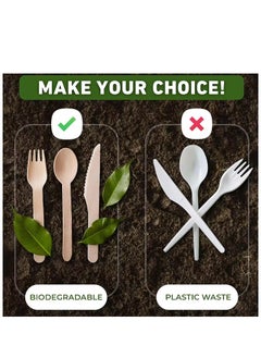 HAIWUYA 230PCS Set of 100 Disposable Spoons, 60 Disposable Forks, and 40 Disposable Knives. Plus, Receive a Gift of 30 Disposable Paper Straws. This 100% Natural Wooden Disposable Cutlery et is Eco-Friendly  - Image 2